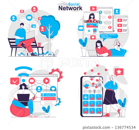 Social network concept set. Users browse feed, post photos, communicate online. People isolated scenes in flat design. Vector illustration for blogging, website, mobile app, promotional materials. Social network concept set. Users browse feed, post photos, communicate online. People isolated scenes in flat design. Vector illustration for blogging, website, mobile app, promotional materials. 136774534