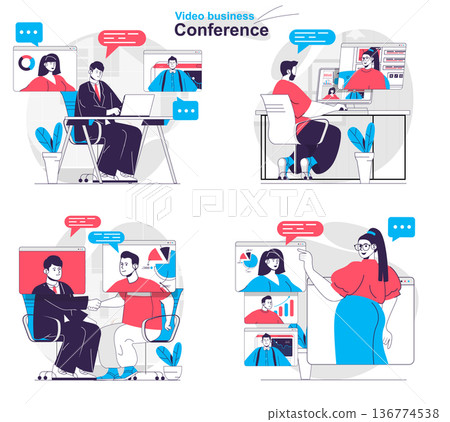 Video business conference concept set. Colleagues discuss tasks at online meeting. People isolated scenes in flat design. Vector illustration for blogging, website, mobile app, promotional materials. 136774538