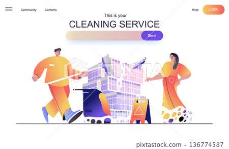 Cleaning service web concept for landing page. Cleaning team with mops, bringing order and cleanliness in office and at home banner template. Vector illustration for web page in flat cartoon design Cleaning service web concept for landing page. Cleaning team with mops, bringing order and cleanliness in office and at home banner template. Vector illustration for web page in flat cartoon design 136774587