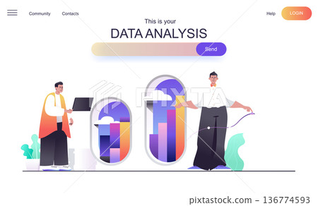 Data analysis web concept for landing page. Analysts research statistics, financial business analytics, company accounting banner template. Vector illustration for web page in flat cartoon design 136774593