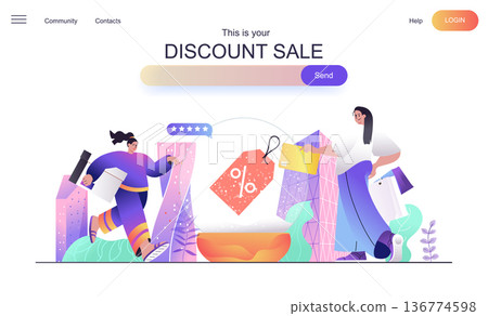 Discount sale web concept for landing page. Women buying on sale at best prices, paying for purchases, store loyalty program banner template. Vector illustration for web page in flat cartoon design Discount sale web concept for landing page. Women buying on sale at best prices, paying for purchases, store loyalty program banner template. Vector illustration for web page in flat cartoon design 136774598