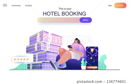 Hotel booking web concept for landing page. Woman planning trip and rents house or room using mobile app, rest and travel banner template. Vector illustration for web page in flat cartoon design Hotel booking web concept for landing page. Woman planning trip and rents house or room using mobile app, rest and travel banner template. Vector illustration for web page in flat cartoon design 136774601