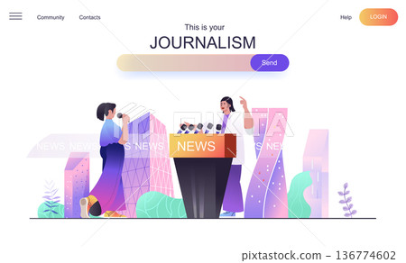 Journalism web concept for landing page. Woman speaker speaks at press conference, journalist with microphone asks questions banner template. Vector illustration for web page in flat cartoon design 136774602