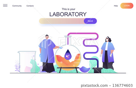 Laboratory web concept for landing page. Man and woman scientists are make test, investigating molecules or developing new drug banner template. Vector illustration for web page in flat cartoon design 136774603
