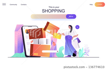 Shopping web concept for landing page. Woman shopper paying for purchases using mobile phone app, online shopping on sale banner template. Vector illustration for web page in flat cartoon design Shopping web concept for landing page. Woman shopper paying for purchases using mobile phone app, online shopping on sale banner template. Vector illustration for web page in flat cartoon design 136774610