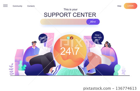 Support center web concept for landing page. Operators advise and help customers around clock, answer calls and messages banner template. Vector illustration for web page in flat cartoon design 136774613