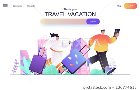 Travel vacation web concept for landing page. Man and woman trip together, couple with luggage hurrying flight, world tourism banner template. Vector illustration for web page in flat cartoon design 136774615