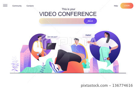 Video conference web concept for landing page. Man talking with friends on video chat, making online call using laptop at home banner template. Vector illustration for web page in flat cartoon design Video conference web concept for landing page. Man talking with friends on video chat, making online call using laptop at home banner template. Vector illustration for web page in flat cartoon design 136774616