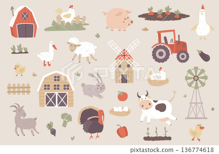 Livestock farm isolated objects set. Collection of pig, cow, sheep, goat, chicken, goose, turkey, rabbit, tractor, vegetables in garden, farming. Vector illustration of design elements in flat cartoon Livestock farm isolated objects set. Collection of pig, cow, sheep, goat, chicken, goose, turkey, rabbit, tractor, vegetables in garden, farming. Vector illustration of design elements in flat cartoon 136774618