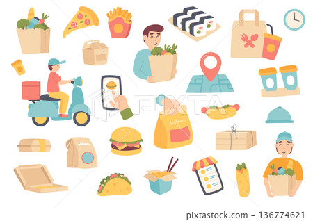 Food delivery isolated objects set. Collection of courier, customer with grocery bag, pizza, hamburger, sushi, coffee, mobile app and tracking. Vector illustration of design elements in flat cartoon Food delivery isolated objects set. Collection of courier, customer with grocery bag, pizza, hamburger, sushi, coffee, mobile app and tracking. Vector illustration of design elements in flat cartoon 136774621
