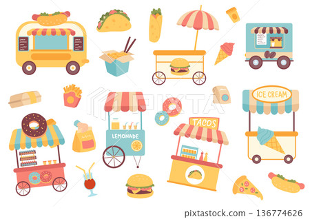Fast food isolated objects set. Collection of food trucks street shops, donuts, tacos, ice cream, hot dogs, hamburger, pizza, coffee, lemonade. Vector illustration of design elements in flat cartoon Fast food isolated objects set. Collection of food trucks street shops, donuts, tacos, ice cream, hot dogs, hamburger, pizza, coffee, lemonade. Vector illustration of design elements in flat cartoon 136774626