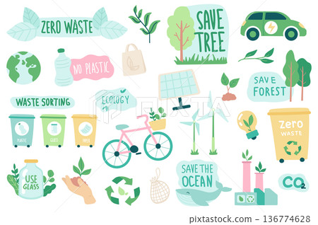 Ecology and zero waste isolated objects set. Collection of eco friendly quotes, green renewable energy, waste sorting, transport and industry. Vector illustration of design elements in flat cartoon Ecology and zero waste isolated objects set. Collection of eco friendly quotes, green renewable energy, waste sorting, transport and industry. Vector illustration of design elements in flat cartoon 136774628