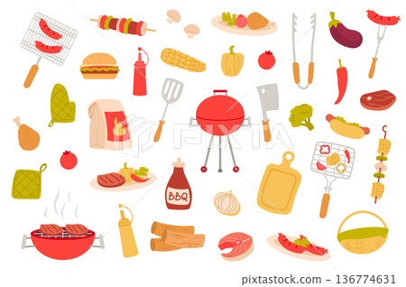 Barbeque picnic isolated objects set. Collection of bbq party, cooking meat dishes, sausage, steak, kebab, vegetable, hot dog, mustard, ketchup. Vector illustration of design elements in flat cartoon 136774631