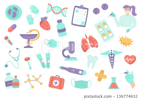 Medical clinic isolated objects set. Collection of vaccination, medications, treatment, heart, lungs, laboratory glassware, medicine symbols. Vector illustration of design elements in flat cartoon Medical clinic isolated objects set. Collection of vaccination, medications, treatment, heart, lungs, laboratory glassware, medicine symbols. Vector illustration of design elements in flat cartoon 136774632