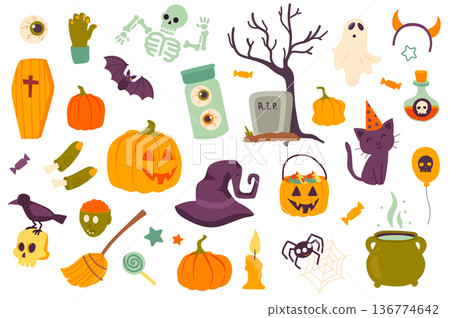 Halloween holiday isolated objects set. Collection of pumpkin, cemetery, witch hat, candy, cat, skeleton, bat, coffin, zombie, spider, ghost. Vector illustration of design elements in flat cartoon 136774642