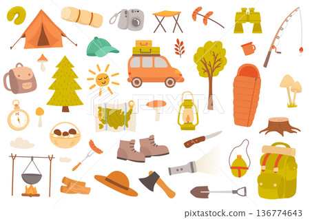 Camping and hiking isolated objects set. Collection of tent, car, forest, binoculars, fishing, map, mushroom, backpack, compass, tourism tools. Vector illustration of design elements in flat cartoon Camping and hiking isolated objects set. Collection of tent, car, forest, binoculars, fishing, map, mushroom, backpack, compass, tourism tools. Vector illustration of design elements in flat cartoon 136774643