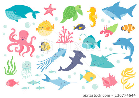 Underwater animal and fishes isolated objects set. Collection of whale, starfish, turtle, seahorse, shark, octopus, jellyfish, dolphin, coral. Vector illustration of design elements in flat cartoon 136774644