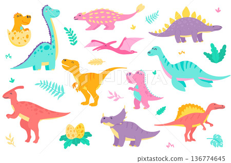 Cute dinosaurs isolated objects set. Collection of different types of colorful dinosaurs, dino baby in egg. Funny prehistoric jurassic reptiles. Vector illustration of design elements in flat cartoon Cute dinosaurs isolated objects set. Collection of different types of colorful dinosaurs, dino baby in egg. Funny prehistoric jurassic reptiles. Vector illustration of design elements in flat cartoon 136774645