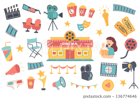 Cinema isolated objects set. Collection of clapper, 3d glasses, camera, popcorn, oscar statuette, tickets, spectator, festival cinematography. Vector illustration of design elements in flat cartoon Cinema isolated objects set. Collection of clapper, 3d glasses, camera, popcorn, oscar statuette, tickets, spectator, festival cinematography. Vector illustration of design elements in flat cartoon 136774646
