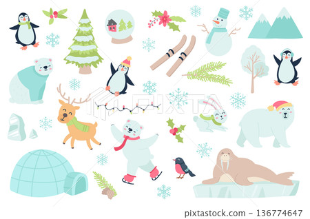 Winter time and animal isolated objects set. Collection of penguin, reindeer polar, bear, snowflake, snowman, mountains, garland, bird, rabbit. Vector illustration of design elements in flat cartoon 136774647