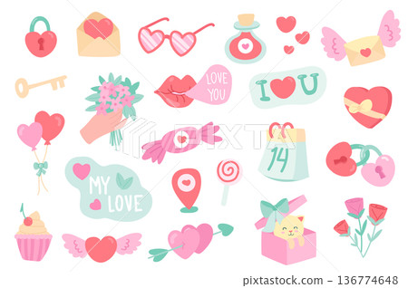 Valentines Day isolated objects set. Collection of heart lock, key, letter, glasses, love potion, rose flowers, kiss, balloon, calendar, gift. Vector illustration of design elements in flat cartoon Valentines Day isolated objects set. Collection of heart lock, key, letter, glasses, love potion, rose flowers, kiss, balloon, calendar, gift. Vector illustration of design elements in flat cartoon 136774648