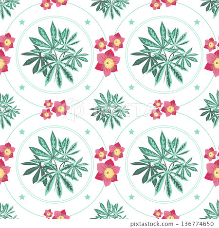 Summer flowers and leaves pattern seamless. Abstract chestnut leaves and daffodils in round geometric shapes repeating endless ornate. Botanical wallpaper. Vector illustration with floral texture Summer flowers and leaves pattern seamless. Abstract chestnut leaves and daffodils in round geometric shapes repeating endless ornate. Botanical wallpaper. Vector illustration with floral texture 136774650