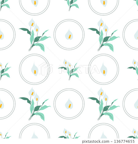 Summer flowers and leaves pattern seamless. Abstract calla lilies flowers, petals with leaves in circle geometric shapes endless ornate. Botanical wallpaper. Vector illustration with floral texture 136774655