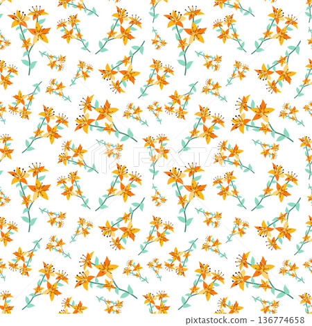 Summer flowers and leaves pattern seamless. Abstract orange ana yellow lily flowers on twigs repeating endless ornate. Beautiful blossom botanical wallpaper. Vector illustration with floral texture 136774658