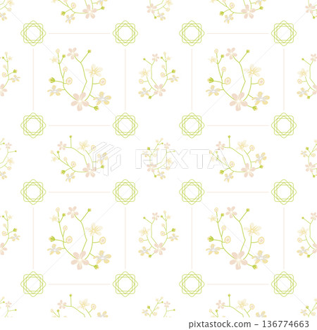Summer flowers and leaves pattern seamless. Abstract delicate wildflowers in square geometric shapes endless ornate backdrop. Botanical wedding wallpaper. Vector illustration with floral texture 136774663