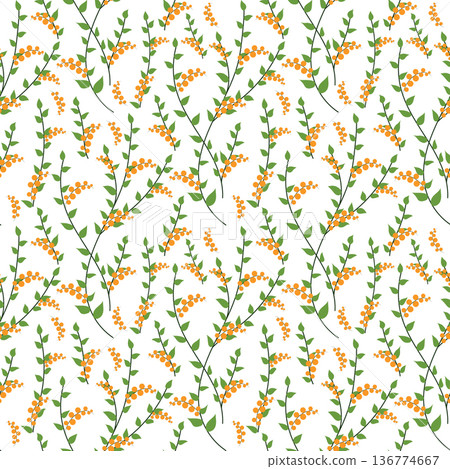 Summer flowers and leaves pattern seamless. Abstract orange berries on wavy green twigs repeating endless ornate backdrop. Fresh garden botanical wallpaper. Vector illustration with floral texture 136774667