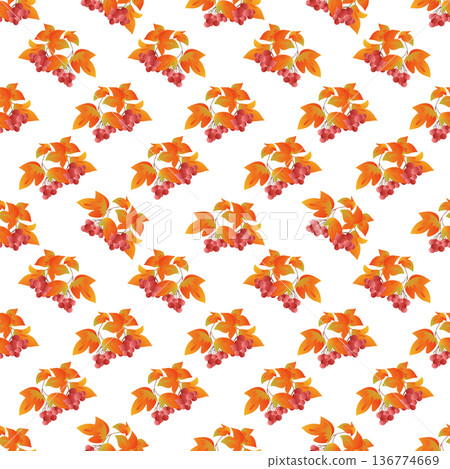 Autumn leaves pattern seamless. Rowan twigs with orange leaves, fall berries branches repeating endless ornate backdrop. Seasonal leafage botanical wallpaper. Vector illustration with floral texture Autumn leaves pattern seamless. Rowan twigs with orange leaves, fall berries branches repeating endless ornate backdrop. Seasonal leafage botanical wallpaper. Vector illustration with floral texture 136774669