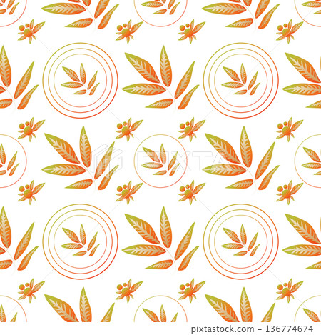 Autumn leaves pattern seamless. Abstract fall twigs with leaves in geometric circles endless ornate backdrop. Seasonal forest leafage at botanical wallpaper. Vector illustration with floral texture Autumn leaves pattern seamless. Abstract fall twigs with leaves in geometric circles endless ornate backdrop. Seasonal forest leafage at botanical wallpaper. Vector illustration with floral texture 136774674