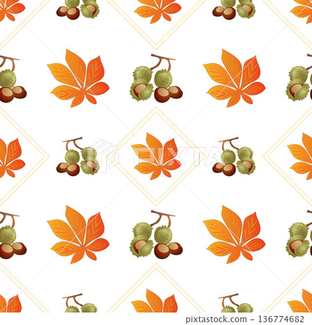 Autumn leaves pattern seamless. Chestnut fruits and orange leaves in geometric shapes at endless ornate backdrop. Seasonal leafage at botanical wallpaper. Vector illustration with floral texture Autumn leaves pattern seamless. Chestnut fruits and orange leaves in geometric shapes at endless ornate backdrop. Seasonal leafage at botanical wallpaper. Vector illustration with floral texture 136774682