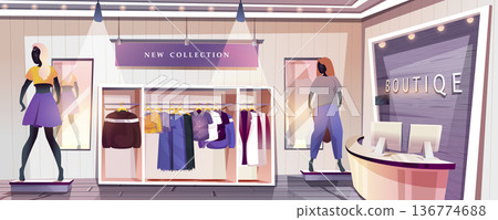Boutique shop landing page. Clothing store interior with wardrobes with hanging stylish clothes and mannequins in showcase. Shopping and retail web banner background. Cartoon vector illustration. Boutique shop landing page. Clothing store interior with wardrobes with hanging stylish clothes and mannequins in showcase. Shopping and retail web banner background. Cartoon vector illustration. 136774688