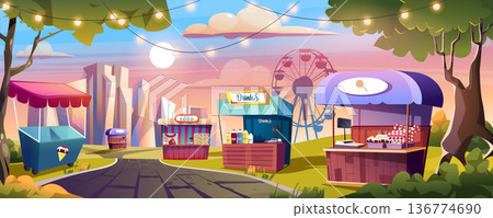 Food market and amusement park landing page. Market stalls with ice cream, sweets, drinks, meat products, other. Ferris wheel in city park and shops web banner background. Cartoon vector illustration. Food market and amusement park landing page. Market stalls with ice cream, sweets, drinks, meat products, other. Ferris wheel in city park and shops web banner background. Cartoon vector illustration. 136774690