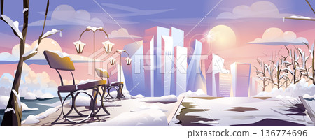 Winter city park landing page. Snowy public park with trees branches, wooden benches, lanterns and footpath, skyscrapers on horizon. Cityscape web banner background. Cartoon vector illustration Winter city park landing page. Snowy public park with trees branches, wooden benches, lanterns and footpath, skyscrapers on horizon. Cityscape web banner background. Cartoon vector illustration 136774696