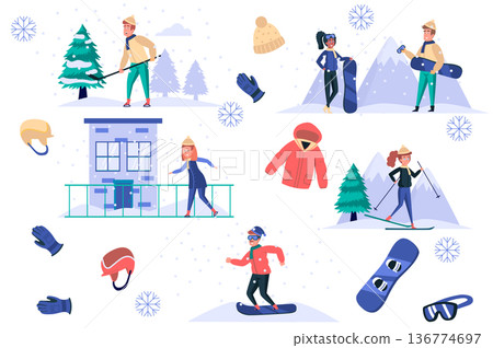 Winter sports isolated elements set. Bundle of men and women skate, ski or snowboard, play hockey, clothing and equipment for activities. Creator kit for vector illustration in flat cartoon design Winter sports isolated elements set. Bundle of men and women skate, ski or snowboard, play hockey, clothing and equipment for activities. Creator kit for vector illustration in flat cartoon design 136774697