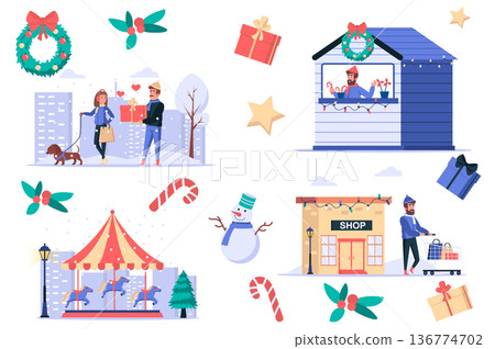 Christmas celebrate isolated elements set. Bundle of people buy and give gifts, shopping, sell sweets in street shop, carousel and decor. Creator kit for vector illustration in flat cartoon design 136774702