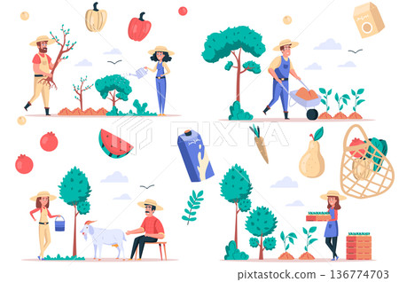 Farming and gardening isolated elements set. Bundle of people plant trees and seedling, care of plants and goats, grow fruits and vegetables. Creator kit for vector illustration in flat cartoon design 136774703