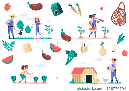 Farming and gardening isolated elements set. Bundle of people plant and water for plants, care chickens, harvest fruits and vegetables. Creator kit for vector illustration in flat cartoon design Farming and gardening isolated elements set. Bundle of people plant and water for plants, care chickens, harvest fruits and vegetables. Creator kit for vector illustration in flat cartoon design 136774704