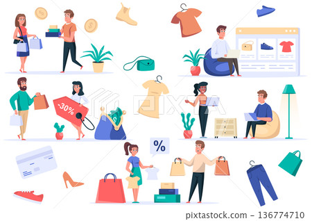 Shopping people isolated elements set. Bundle of customers buy online or store, clothes sale, payment for purchases in cash or credit card. Creator kit for vector illustration in flat cartoon design 136774710