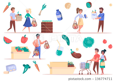 Grocery shopping isolated elements set. Bundle of men and women with bags and trolleys buy food, vegetables and fruits lie on counters. Creator kit for vector illustration in flat cartoon design 136774711