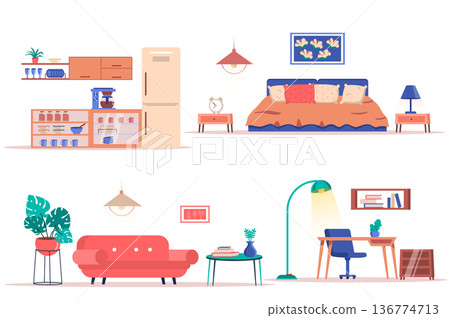 Room interior design isolated elements set. Bundle of stylish furniture, plants and decor in kitchen, bedroom, living room and home office. Creator kit for vector illustration in flat cartoon design Room interior design isolated elements set. Bundle of stylish furniture, plants and decor in kitchen, bedroom, living room and home office. Creator kit for vector illustration in flat cartoon design 136774713