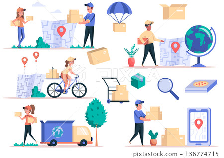 Delivery service isolated elements set. Bundle of couriers delivering parcels, global logistics, trekking mobile app, boxes at warehouse. Creator kit for vector illustration in flat cartoon design 136774715