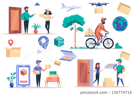 Delivery service isolated elements set. Bundle of couriers deliver parcels or pizza to customers door, flying drone, trekking mobile app. Creator kit for vector illustration in flat cartoon design 136774716