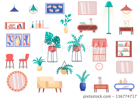 Furniture, house plants and decor isolated elements set. Bundle of chairs, armchair, tables, lamps, shelves, mirrors, window and other. Creator kit for vector illustration in flat cartoon design 136774717