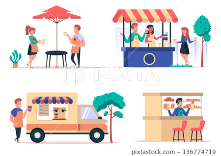 Street food shop isolated elements set. Bundle of cafe with waiters, sale of coffee in kiosk and car, bakery shop, people buy drinks. Creator kit for vector illustration in flat cartoon design Street food shop isolated elements set. Bundle of cafe with waiters, sale of coffee in kiosk and car, bakery shop, people buy drinks. Creator kit for vector illustration in flat cartoon design 136774719