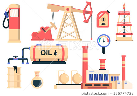 Oil industry isolated elements set. Bundle of gas station, fuel canister, oil barrel, production machines, production plant and other. Creator kit for vector illustration in flat cartoon design Oil industry isolated elements set. Bundle of gas station, fuel canister, oil barrel, production machines, production plant and other. Creator kit for vector illustration in flat cartoon design 136774722