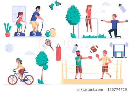 Fitness activity isolated elements set. Bundle of people on stationary bicycles, doing horizontal bar or dumbbell exercise, boxing, cycling. Creator kit for vector illustration in flat cartoon design Fitness activity isolated elements set. Bundle of people on stationary bicycles, doing horizontal bar or dumbbell exercise, boxing, cycling. Creator kit for vector illustration in flat cartoon design 136774729