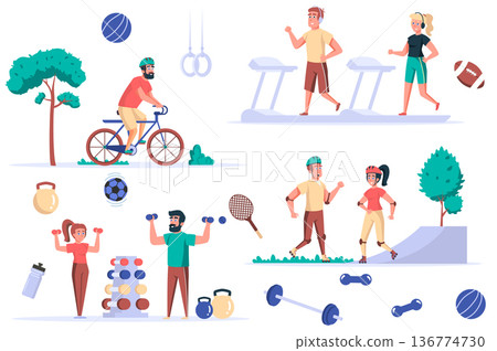 Fitness activity isolated elements set. Bundle of sportive people on treadmills, cycling or rollerblading, dumbbell exercises, gym workouts. Creator kit for vector illustration in flat cartoon design 136774730